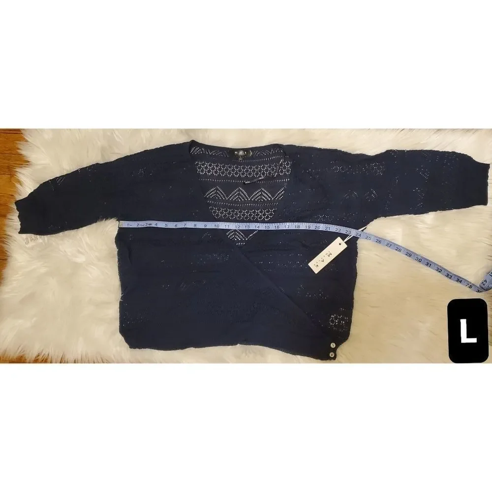 Women's V Neck 3/4 Sleeve Crochet Light Knit Top - Picture 3 of 4